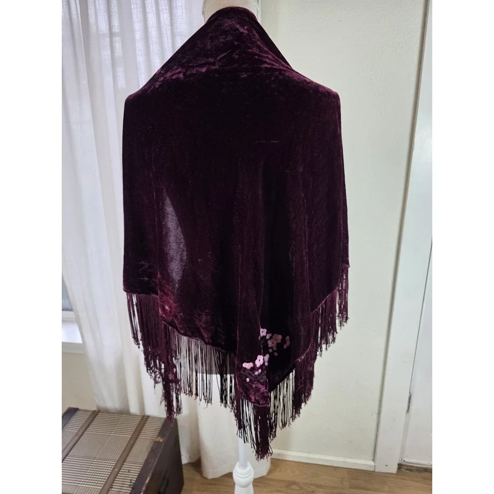 Y2K V-Shape Scarf Wrap Top Velvet Burgundy Tassel Floral